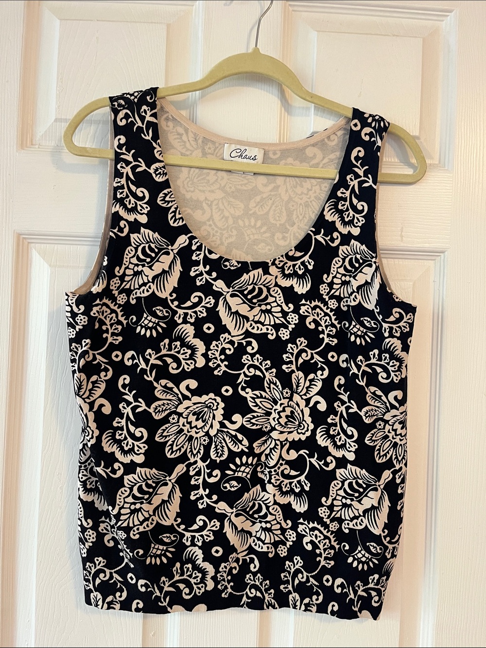 Chaus Black and Creme Floral Scoop Neck Tank
